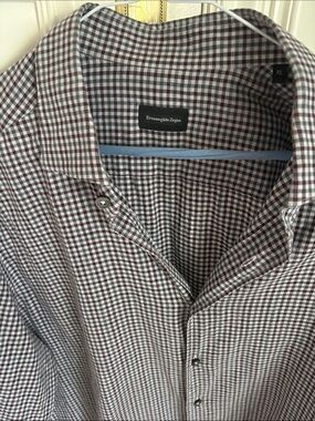 Zegna Mens Burgundy Check Button-Up Shirt L